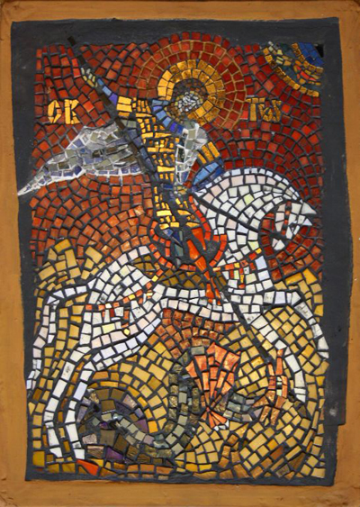 Георгий Победоносец смальта цемент/мозаика 44см x 31см 2010 г.